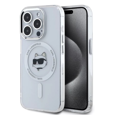 Husa pentru iPhone 15 Pro Max - Karl Lagerfeld IML MagSafe (KLHMP15XHLSCHH) - White Metal Choupettes Head