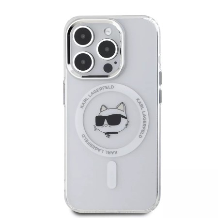 Husa pentru iPhone 15 Pro Max - Karl Lagerfeld IML MagSafe (KLHMP15XHLSCHH) - White Metal Choupettes Head