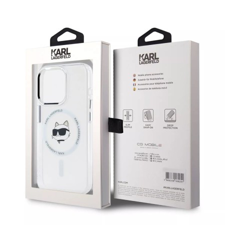 Husa pentru iPhone 15 Pro Max - Karl Lagerfeld IML MagSafe (KLHMP15XHLSCHH) - White Metal Choupettes Head