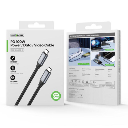Cablu de date USB-C la USB-C, 100W, 1m, Duzzona, Grey