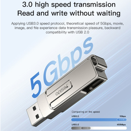 Stick memorie Yesido OTG, USB, Lightning, 5Gbps, 128GB, Silver