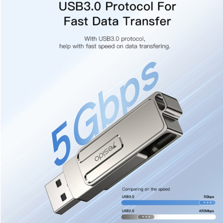 Stick memorie Yesido OTG, USB, Tip-C, 5Gbps, 128GB, Silver
