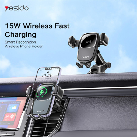 Suport auto cu incarcare wireless Yesido pentru Bord, parbriz, aerisiret 15W, Black