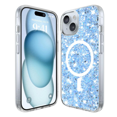 Husa pentru iPhone 15 Plus, Glitter MagSafe, Atasare Magnetica, Blue