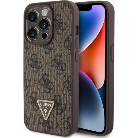 Husa pentru iPhone 15 Pro - Guess Leather 4G Triangle Strass - Brown