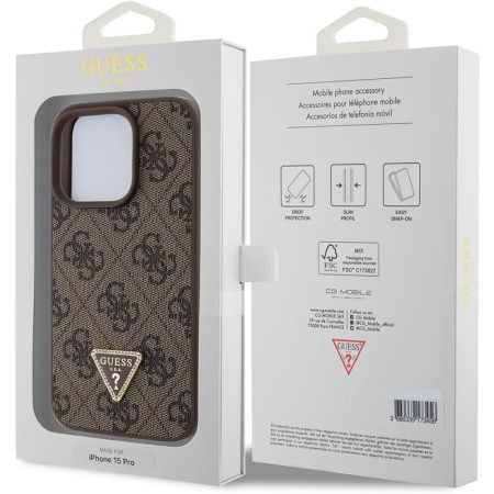 Husa pentru iPhone 15 Pro - Guess Leather 4G Triangle Strass - Brown