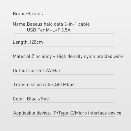 Baseus - Halo data 3-in-1 Cable USB For M+L+T 3.5A 1.2m - Black