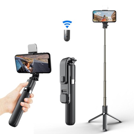 Selfie Stick Bluetooth - Techsuit Remote and Tripod Mount LED (L03S) - Black