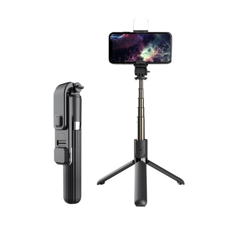 Selfie Stick Bluetooth - Techsuit Remote and Tripod Mount LED (L03S) - Black