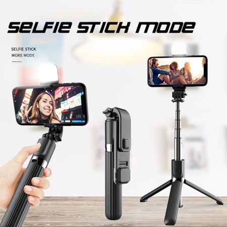 Selfie Stick Bluetooth - Techsuit Remote and Tripod Mount LED (L03S) - Black