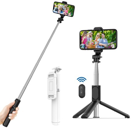 Selfie Stick Stabil Bluetooth, 100cm - Techsuit Remote and Tripod Mount (Q01) - White