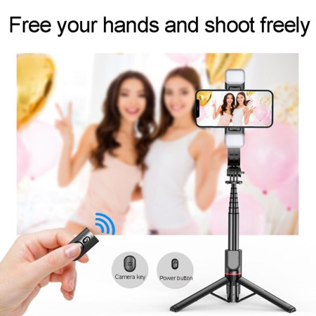 Selfie Stick Stabil Wireless cu Lumina LED Detasabila, 108cm - Techsuit Tripod Mount LED (L12D) - Black