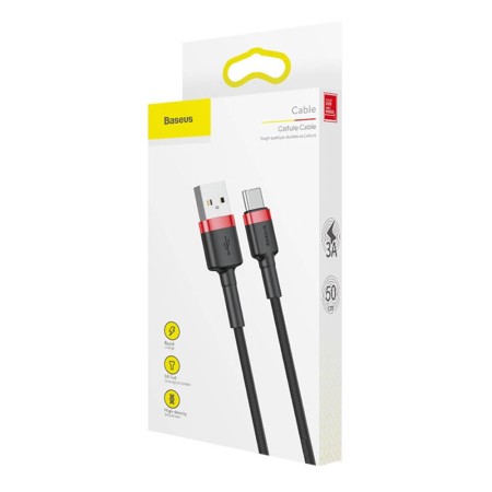 Cablu de Date USB Type-C, 3A, 0.5m - Baseus Cafule (CATKLF-A91) - Black / Red