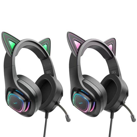 Casti Gaming Jack 3.5mm cu LED si Microfon - Hoco Cat Ears (W107) - Black / Pink