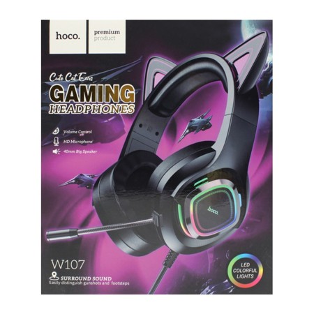 Casti Gaming Jack 3.5mm cu LED si Microfon - Hoco Cat Ears (W107) - Black / Pink