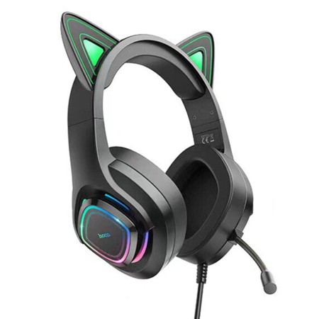 Casti Gaming Jack 3.5mm cu LED si Microfon - Hoco Cat Ears (W107) - Black / Green