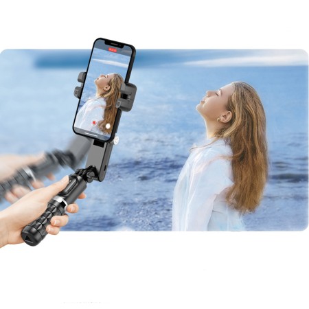 Gimbal Selfie Stick Stable cu Lumina LED si Telecomanda, 70cm - Techsuit (Q18) - Black