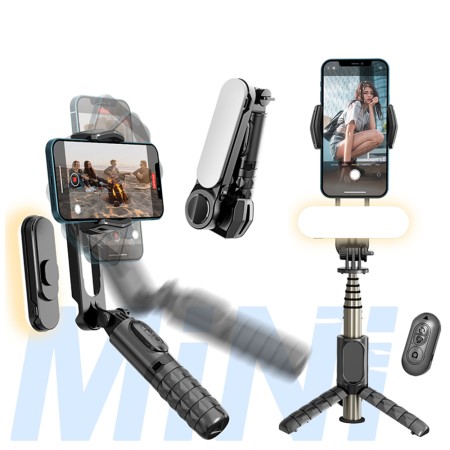 Gimbal Mini Selfie Stick cu LED si Trepied, 70cm - Techsuit (Q09) - Black