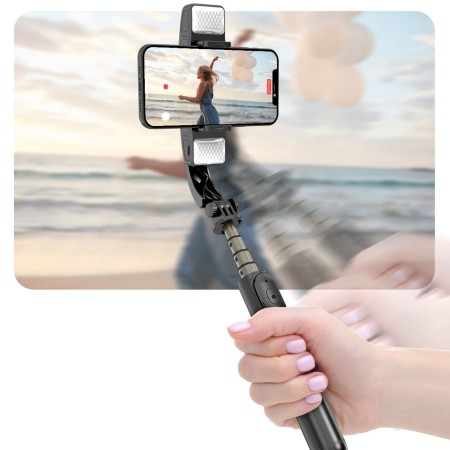 Selfie Stick Stabil Bluetooth cu Trepied si Lumini, 75cm - Techsuit (Q08D) - Black