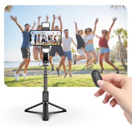 Selfie Stick Stabil Bluetooth cu Trepied si Lumini, 75cm - Techsuit (Q08D) - Black