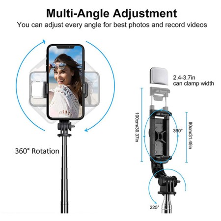 Selfie Stick Stabil cu Trepied si LED, 105cm - Techsuit (Q02S) - Black