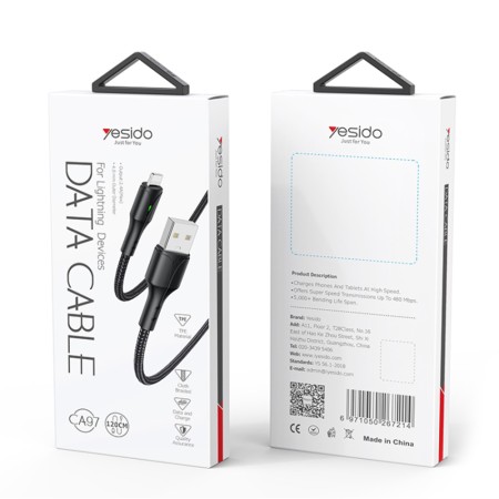 Cablu de Date Lightning 2.4A, 480Mbps, 1.2m - Yesido (CA97) - Black