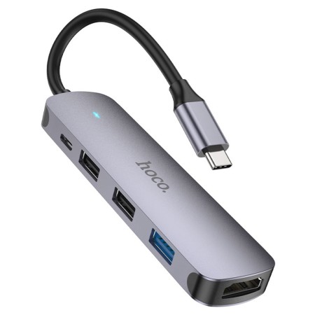 Hoco - Docking Station (HB27) - Type-C to USB 3.0, 2x USB 2.0, Type-C, HDMI, 60W, 20V/3A, 4Kat30Hz - Metal Gray