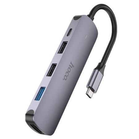 Hoco - Docking Station (HB27) - Type-C to USB 3.0, 2x USB 2.0, Type-C, HDMI, 60W, 20V/3A, 4Kat30Hz - Metal Gray