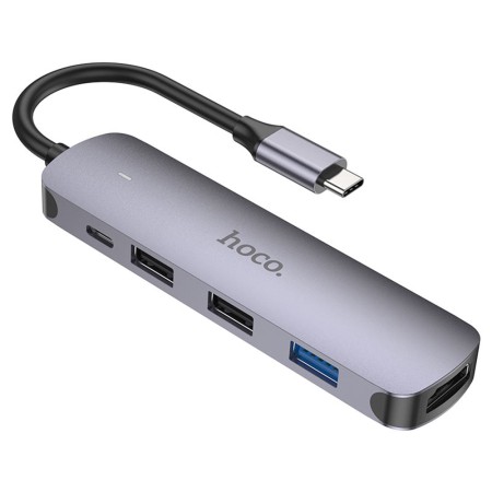 Hoco - Docking Station (HB27) - Type-C to USB 3.0, 2x USB 2.0, Type-C, HDMI, 60W, 20V/3A, 4Kat30Hz - Metal Gray