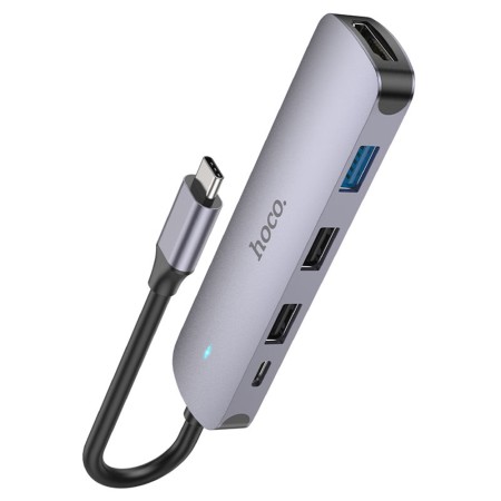 Hoco - Docking Station (HB27) - Type-C to USB 3.0, 2x USB 2.0, Type-C, HDMI, 60W, 20V/3A, 4Kat30Hz - Metal Gray