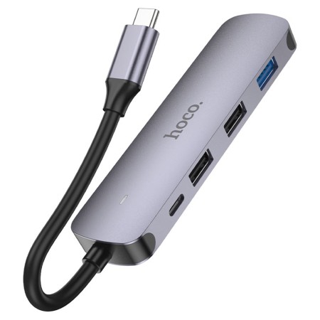 Hoco - Docking Station (HB27) - Type-C to USB 3.0, 2x USB 2.0, Type-C, HDMI, 60W, 20V/3A, 4Kat30Hz - Metal Gray