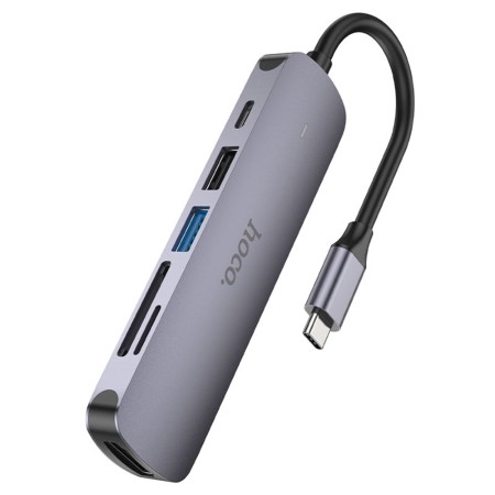 Hoco - Docking Station (HB28) - Type-C to USB3.0, USB2.0, SD Card, TF Card, Type-C, HDMI - Metal Gray