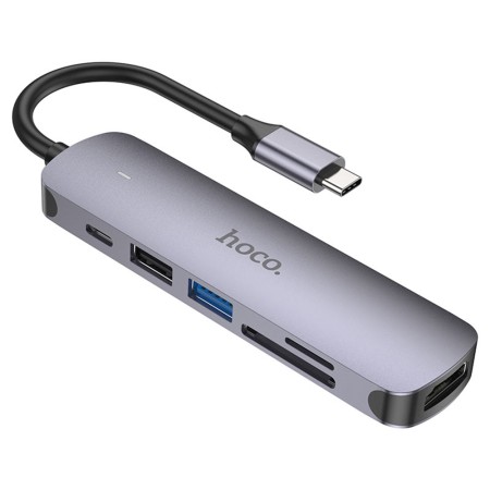 Hoco - Docking Station (HB28) - Type-C to USB3.0, USB2.0, SD Card, TF Card, Type-C, HDMI - Metal Gray