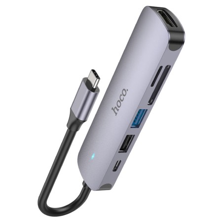 Hoco - Docking Station (HB28) - Type-C to USB3.0, USB2.0, SD Card, TF Card, Type-C, HDMI - Metal Gray