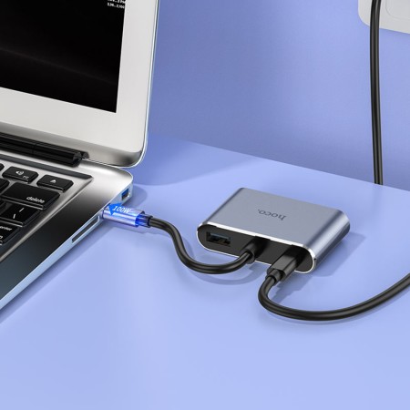 Hoco - OTG Adapter Eco (HB30) - Type-C to HDMI, VGA, USB3.0, Type-C 4Kat30Hz, 100W, 5Gbps - Metal Gray