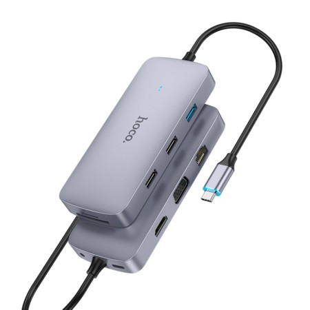 Hoco - Docking Station Easy 10in1 (HB33) - Type-C to USB3.0, 2xUSB2.0, HDMI, RJ45, SD/TF Card, Type-C, VGA, Aux - Metal Gray