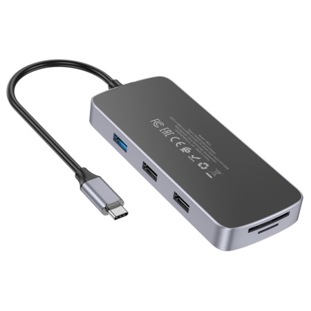 Hoco - Docking Station Easy 10in1 (HB33) - Type-C to USB3.0, 2xUSB2.0, HDMI, RJ45, SD/TF Card, Type-C, VGA, Aux - Metal Gray