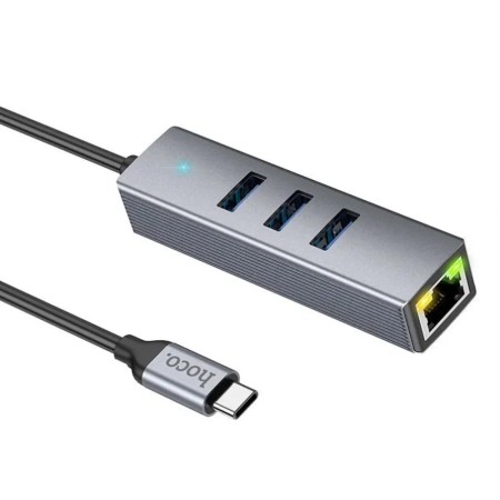 Hoco - Docking Station Easy Link (HB34) - Type-C to USB3.0, Ethernet, 1000Mbps - Metal Gray