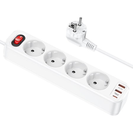 Prelungitor 2xUSB-A 18W, 4xShuko, Type-C PD20W, 3A, 1.8m - Hoco Aura (NS1) - White