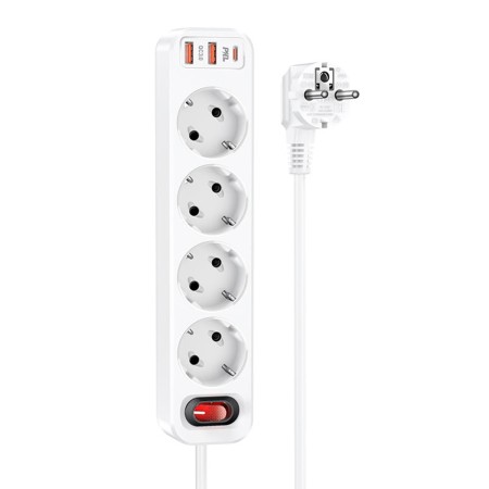 Prelungitor 2xUSB-A 18W, 4xShuko, Type-C PD20W, 3A, 1.8m - Hoco Aura (NS1) - White