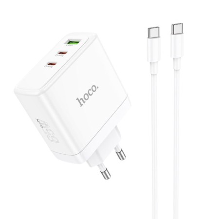 Incarcator pentru Priza GaN, Fast Charging, USB, 2x Type-C, 65W + Cablu Type-C - Hoco Glory (N30) - White