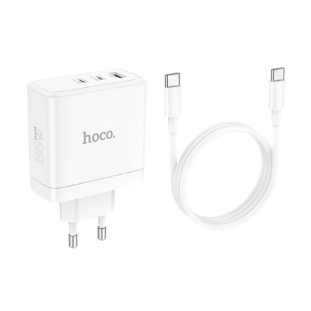 Incarcator pentru Priza GaN, Fast Charging, USB, 2x Type-C, 65W + Cablu Type-C - Hoco Glory (N30) - White