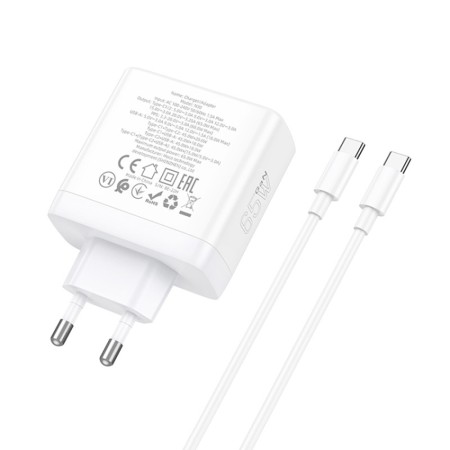 Incarcator pentru Priza GaN, Fast Charging, USB, 2x Type-C, 65W + Cablu Type-C - Hoco Glory (N30) - White