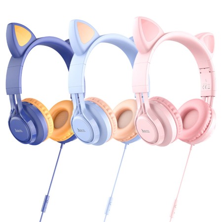 Casti cu Fir, Urechi de Pisica - Hoco Cat Ears (W36) - Pink