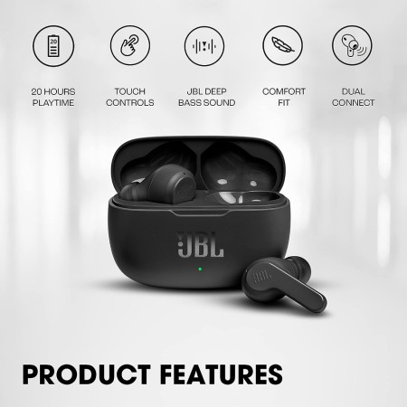 JBL - Wireless Earbuds (Wave 200) - Bluetooth 5.0, True Wireless, Microphone, Voice Assistant, Siri - Black