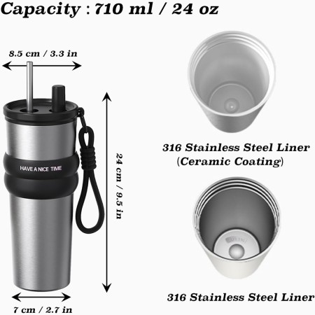 Termos din Otel Inoxidabil, 710ml - Cupa pentru masina, o singura pipeta - Grey